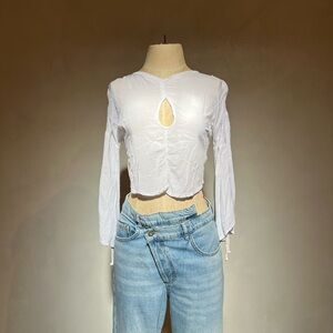 Jen's Pirate Booty White Crop Top with Lacy Texture and Keyhole Cutout